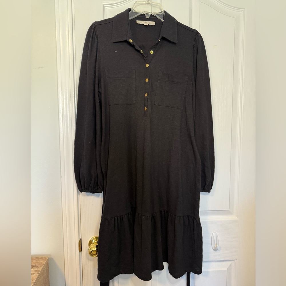 LOFT Black Long Sleeve Dress with Gold Buttons 100% Cotton